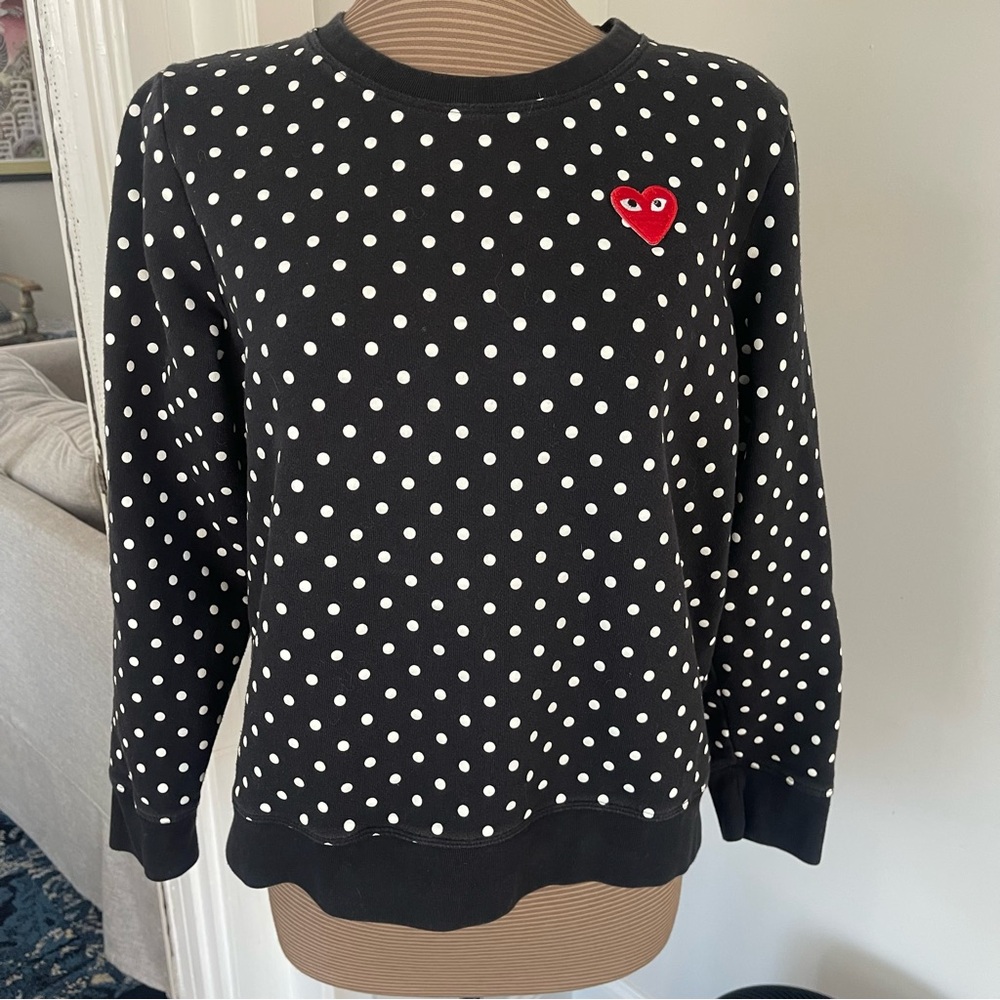 J Crew Cotton Black Polka Dot Sweatshirt with Heart Patch size L GUC